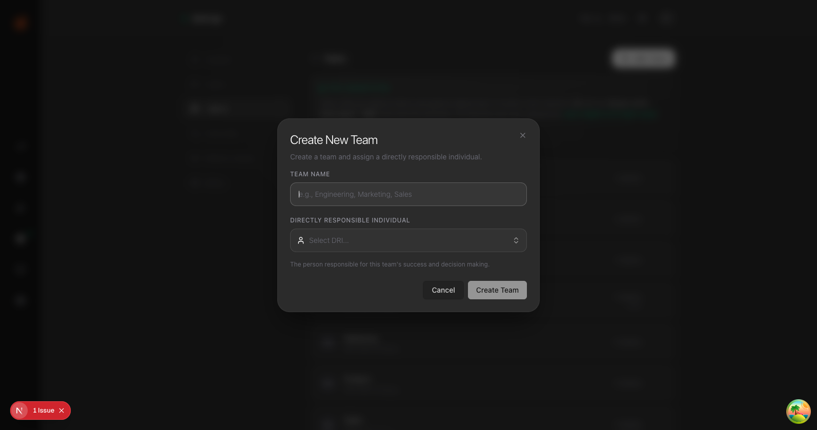 Create New Team form