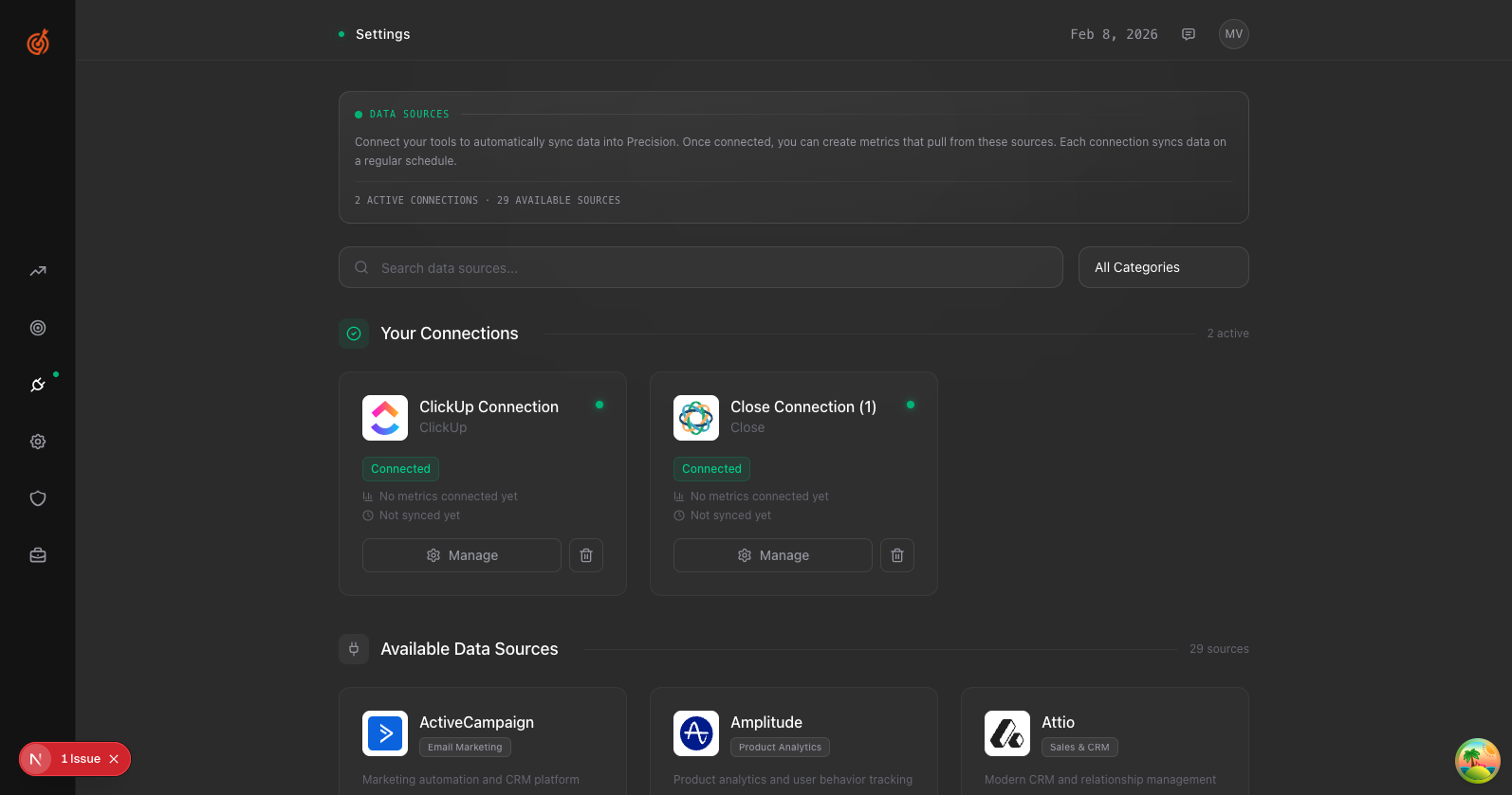 Data Sources page showing available integrations