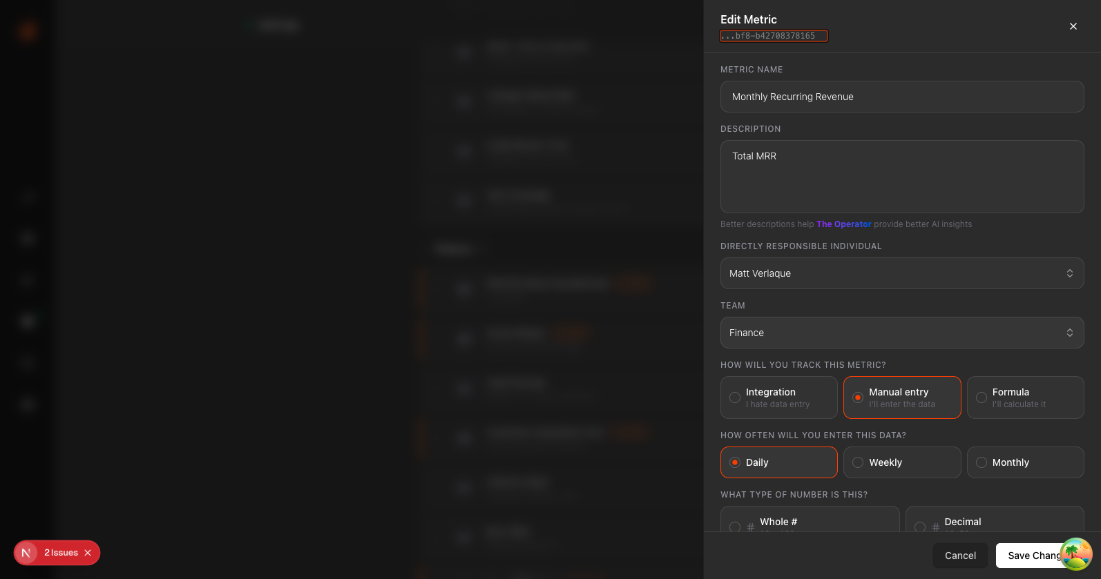 Edit metric form with manual entry selected