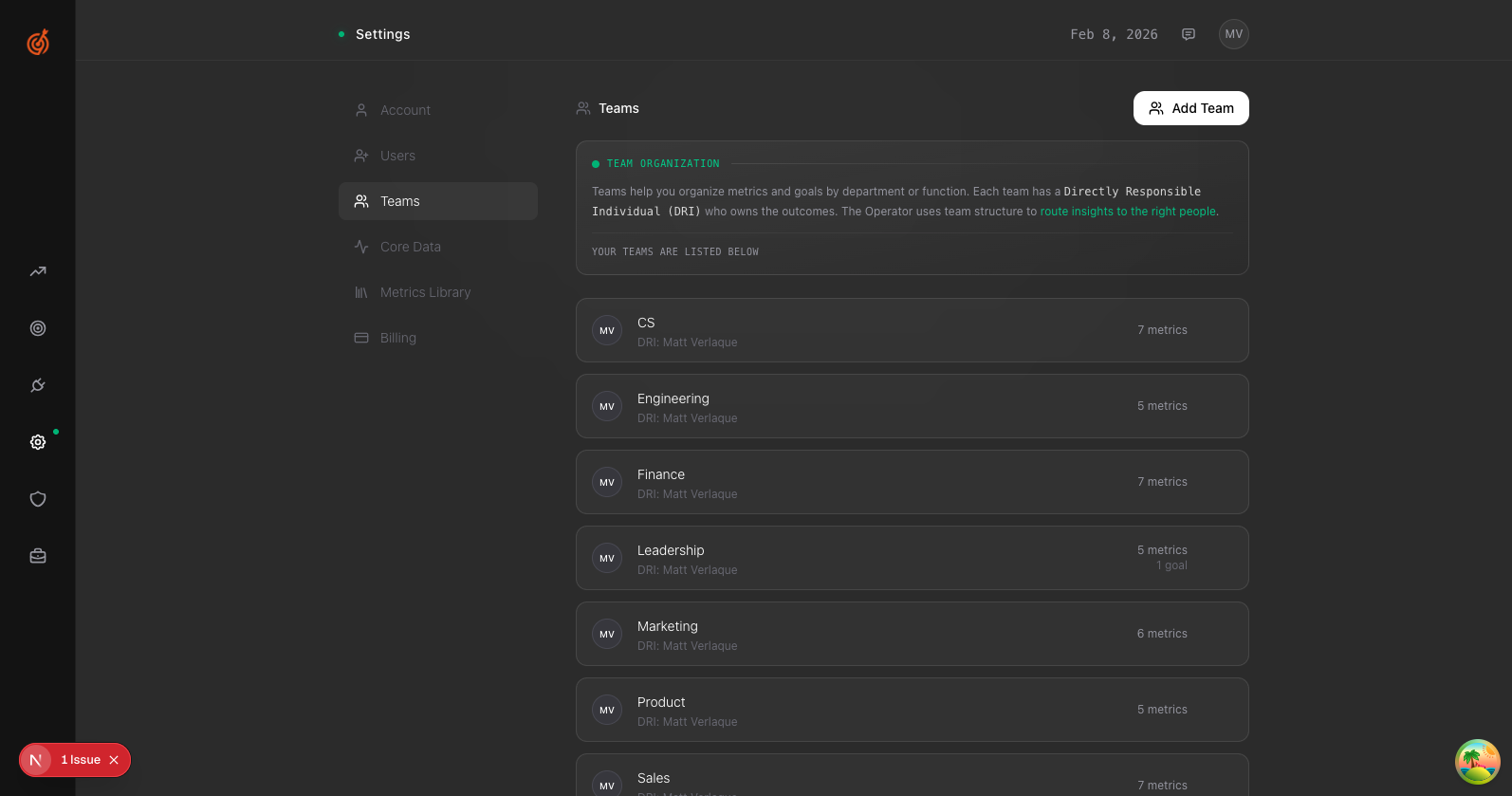 Teams settings page showing team DRIs