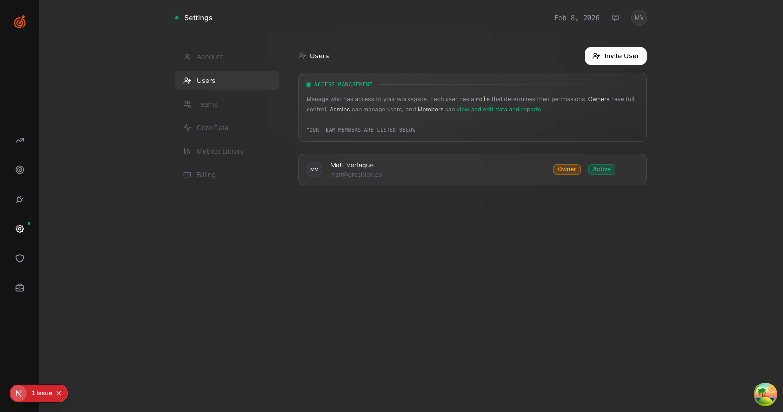 Users settings page with Invite User button